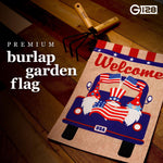 Load image into Gallery viewer, G128 Garden Flag Welcome Three Gnomes in Patriotic Truck 12x18 Burlap Fabric