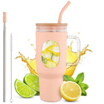 Load image into Gallery viewer, 46 Oz Glass Tumbler with Straw and Lid   Peach Glass Water Bottle with Natural Bamboo Lid 2 Slim and Boba Straws Silicone Sleeve Dishwasher Safe Car Holder Friendly Ergonomic Grip Easy Visibility