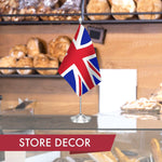 Load image into Gallery viewer, G128 United Kingdom UK Deluxe Desk Flag Set  8.5x5.5 In  Printed 300D Polyester, with Silver Dome and Base, 15 Metal Pole, Decorations For Office, Home and Festival Events Celebration