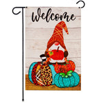 Load image into Gallery viewer, Garden Flag Welcome Gnome Sitting on Patterned Pumpkins 12x18 Blockout Fabric