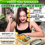 Load image into Gallery viewer, Stainless Steel Lunch Box for Hot Food – (48.5 oz) Stainless Steel Bento Box Adult with Phone Stand Spoon &amp; Chopstickss – 2 Compartment Hot Food Lunch Container with Durable Plastic &amp; Soft Rubber Lid