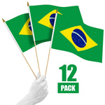 Load image into Gallery viewer, G128 12 Pack Handheld Brazil Brazilian Stick Flags  12x18 In  Printed 150D Polyester, Country Flag, Solid Wooden Stick, Spear Gold Tip
