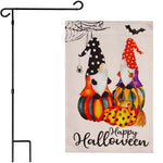 Load image into Gallery viewer, G128 Combo Pack: Garden Flag Stand Black 36 in x 16 in &amp; Garden Flag Happy Halloween Decoration Two Witchy Gnomes 12x18 DoubleSided Blockout Fabric