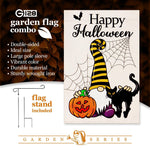 Load image into Gallery viewer, G128 Combo Pack: Garden Flag Stand Black 36 in x 16 in &amp; Garden Flag Happy Halloween Decoration Gnome with Pumpkin and Black Cat 12x18 DoubleSided Blockout Fabric