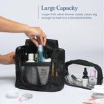 Load image into Gallery viewer, The Fine Living Co. Portable Hanging Shower Caddy Organizer Bag (Free Toiletries Case Metal Hook) Quick Dry Mesh Shower Caddy Tote Bag Pouch For Bathroom College Dorm Camp Gym Camping 10”x4”x8”(Black)
