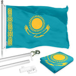 Load image into Gallery viewer, G128 Combo Pack: 6 Ft Tangle Free Aluminum Spinning Flagpole (Silver) &amp; Kazakhstan Kazakhstani Flag  3x5 Ft LiteWeave Pro Series Printed 150D Polyester  Pole with Flag Included
