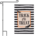Load image into Gallery viewer, G128 Combo Pack: Garden Flag Stand Black 36 in x 16 in &amp; Garden Flag Halloween Decoration Trick or Treat Bats and Black and White Stripes 12x18 DoubleSided Burlap Fabric