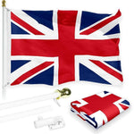 Load image into Gallery viewer, G128 Combo Pack: 6 Feet Tangle Free Spinning Flagpole (White) UK United Kingdom Flag 3x5 ft Printed 150D Brass Grommets (Flag Included) Aluminum Flag Pole