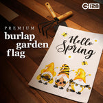 Load image into Gallery viewer, G128 Garden Flag Hello Spring Three Bee Gnomes 12x18 Burlap Fabric