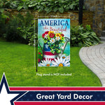 Load image into Gallery viewer, G128  America the Beautiful USA Spring Flowers &amp; Watering Can Patriotic Garden Flag  12x18 Inch  Printed 150D Polyester  Rustic Holiday Seasonal Outdoor Flag