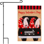 Load image into Gallery viewer, G128 Combo Pack: Garden Flag Stand Black 36 in x 16 in &amp; Garden Flag Happy Valentine's Day Decoration Love Four Gnomes in Truck 12x18 DoubleSided Burlap Fabric