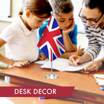 Load image into Gallery viewer, G128 United Kingdom UK Deluxe Desk Flag Set  8.5x5.5 In  Printed 300D Polyester, with Silver Dome and Base, 15 Metal Pole, Decorations For Office, Home and Festival Events Celebration