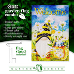 Load image into Gallery viewer, G128 Combo Pack: Garden Flag Stand Black 36 in x 16 in &amp; Garden Flag Spring Decoration Welcome Bee Gnome with Honey 12x18 DoubleSided Blockout Fabric