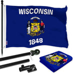 Load image into Gallery viewer, G128 Combo Pack: 6 Ft Tangle Free Aluminum Spinning Flagpole (Black) &amp; Wisconsin WI State Flag 3x5 Ft, LiteWeave Pro Series Printed 300D Polyester  Pole with Flag Included