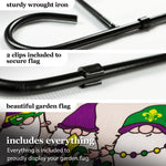 Load image into Gallery viewer, G128 Combo Pack: Garden Flag Stand Black 36 in x 16 in &amp; Garden Flag Mardi Gras Decoration Three Gnomes 12x18 DoubleSided Burlap Fabric