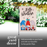 Load image into Gallery viewer, G128 Garden Flag Hello Winter Three Cozy Gnomes 12x18 Burlap Fabric