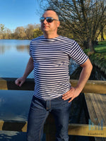 Load image into Gallery viewer, Dark Blue Sailor TShirt Striped Short Sleeved Telnyashka Тельняшка (S)